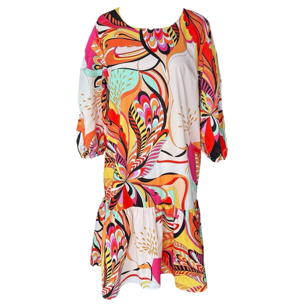 LAROQUE Original Retro Inspired Colorful Floral Puff Sleeves Ruffle Hem Large